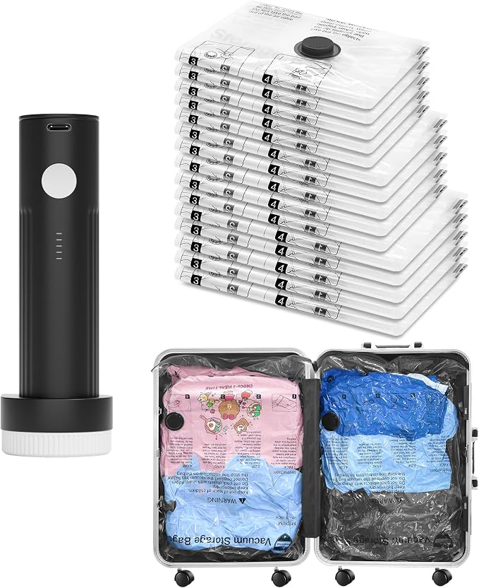 Vacuum Seal Bags for Clothing Travel and Home Storage, Travel Vacuum Bags with Electric Pump, Space Saver Compression Packing Cubes for Luggage Suitcase Bedding Blankets Clothes, 15 Combo by SUOCO