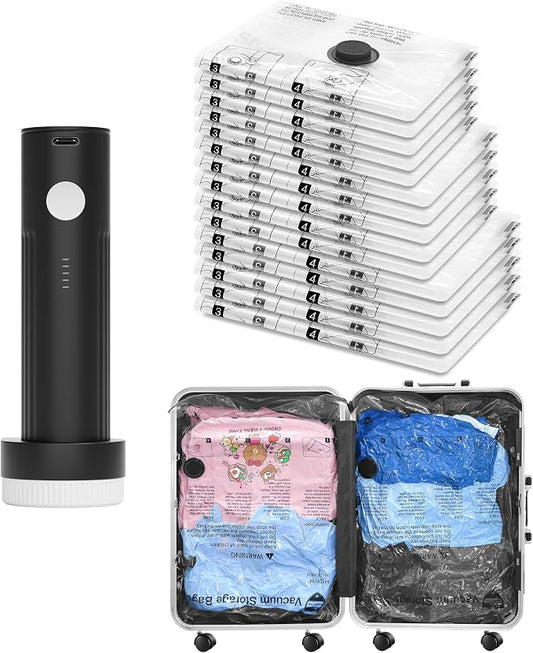 Vacuum Seal Bags for Clothing Travel and Home Storage, Travel Vacuum Bags with Electric Pump, Space Saver Compression Packing Cubes for Luggage Suitcase Bedding Blankets Clothes, 15 Combo by SUOCO
