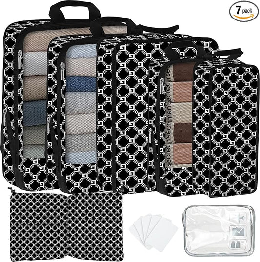 7 Pcs Compression Packing Cubes for Travel, Waterproof Suitcase Luggage Backpack Organizer with Toiletry Bag Travel Essentials for Women/Men-Plaid by Unknown