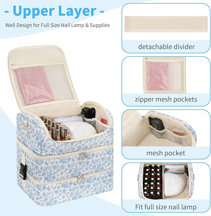 Extra Large Nail Polish Organizer - Three Layer Nail Organizers And Storage Bag, Portable Nail Supplies Organizer Case, Nail Tech Kit Travel Carrying Box with Shoulder Strap (Floral Blue, 117 Slots) - Image 4
