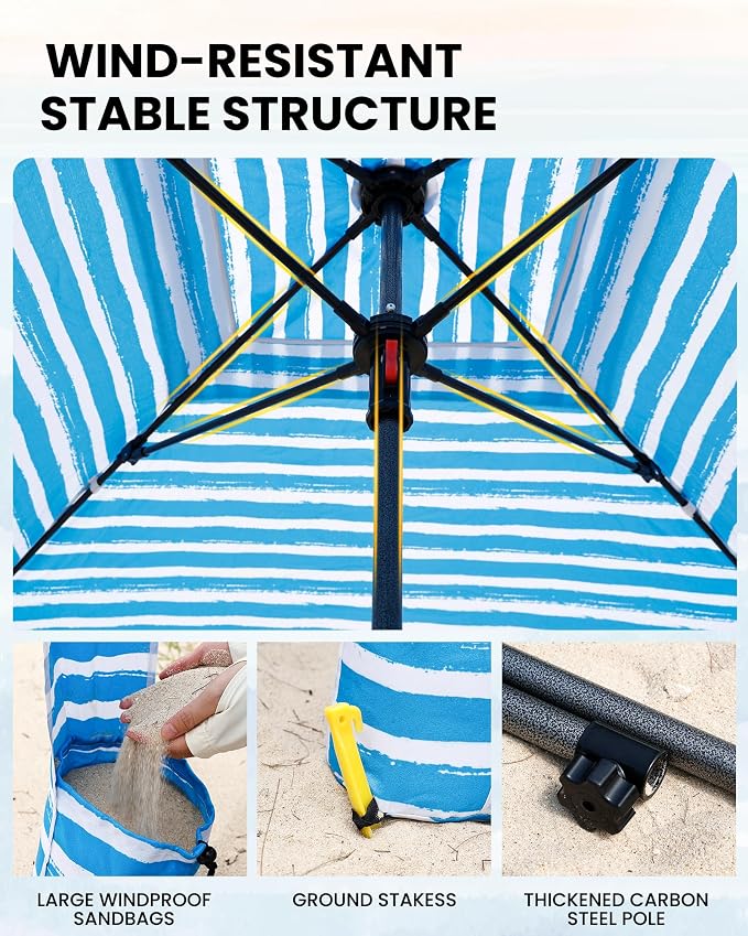 Qipi Beach Cabanas for Sand, Beach Canopy with Sandbags & Side Wall for Family, Easy Set Up Sun Shelter, UPF 50+ UV Protection with Roof Vent - Image 4