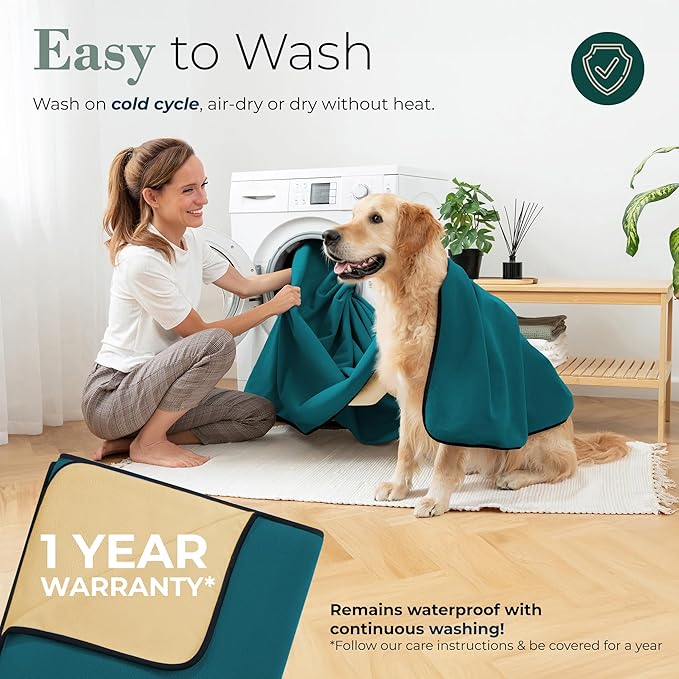 Waterproof Blanket for Bed or Couch – Soft and Leakproof Waterproof Throw Blanket, Water Proof & Stain Resistant Easy to Clean Throw Blanket Cover for Adults or Pets, Reversible Blue/Beige 80”x90”