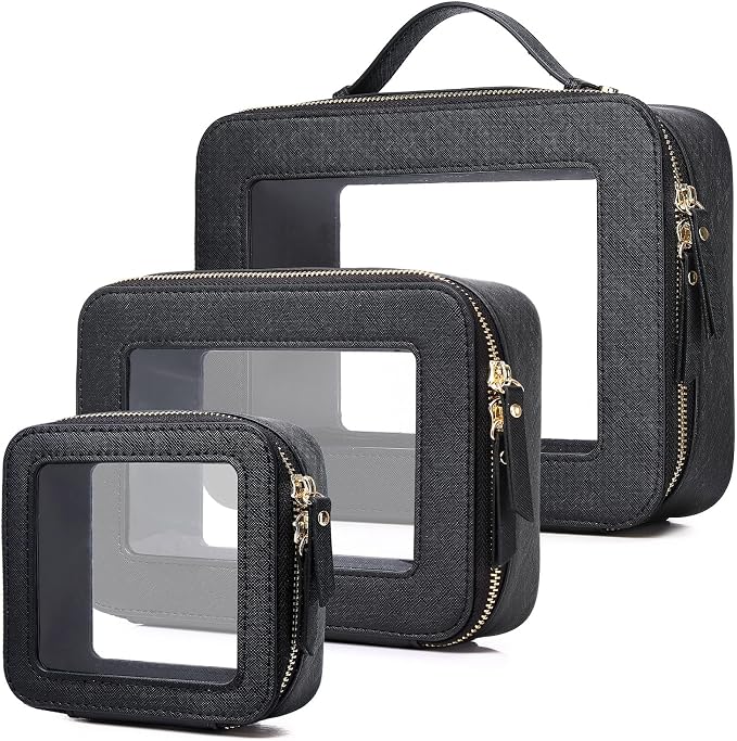 Clear Makeup Bag Set 3 Piece Travel Case for Cosmetics and Toiletries Women's Makeup Organizer and Car Essential with Zipper (Black, L+M+MINI) by LOFOWN