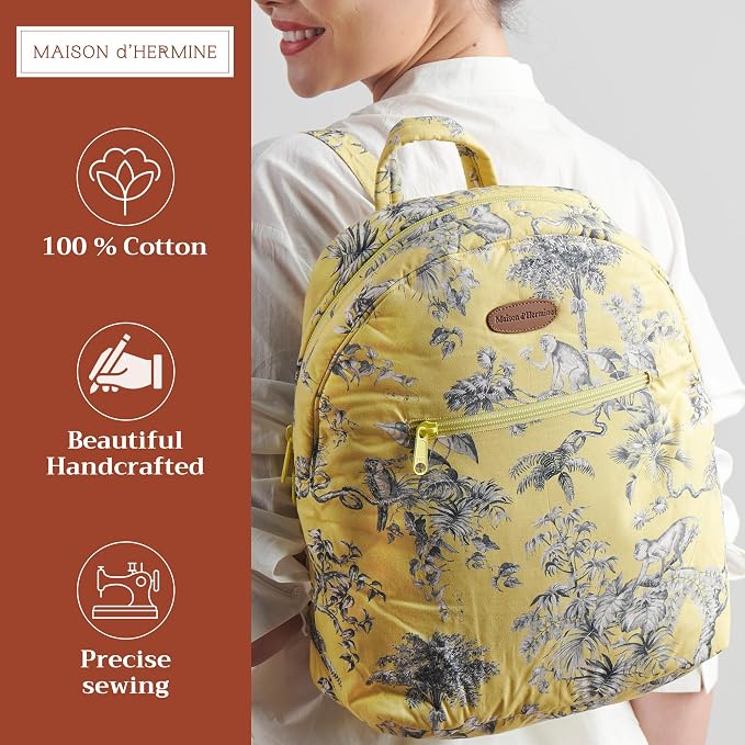 Maison d' Hermine Backpack for Women Men Cotton Shoulder Multipurpose Rucksack with Small Pouch Lightweight Multi Pocket Bag for Travel Work Beach Perfect for Spring Summer (Bonobo - Yellow) - Image 2