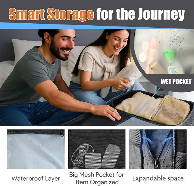 Expandable Carry on Backpack 45L-55L, Extra Large Travel Backpack Hiking Camping Rucksack with Waterproof Wet Pocket, Anti-Theft 18.4 Inch Gaming Laptop Bag for Road Trip Outdoor Sports, Grey - Image 7