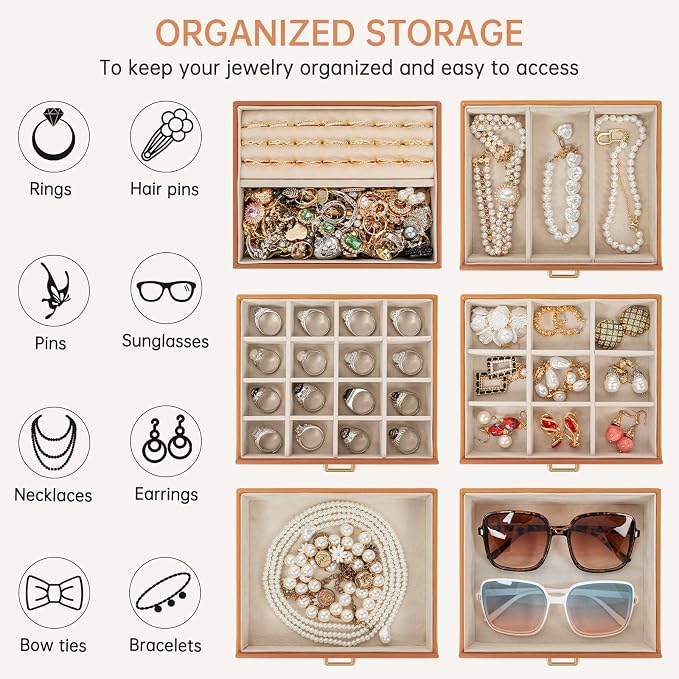 AKOZLIN 6-Tier Jewelry Box Organizer Functional 5 Drawers Leather Jewelry Storage Case for Women Girls Ring Necklace Earring Bracelet Holder Organizer with Mirror Medium Dark Orange - Image 5