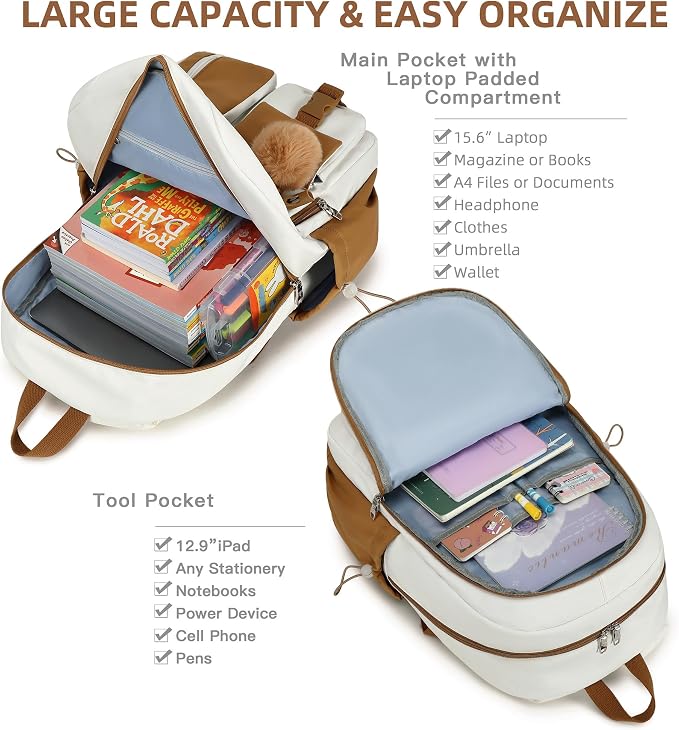 Laptop Backpack 15.6 Inch Elementary Middle High School Bag College Backpacks with Lunch Box Pencil Pouch 3 PCS Set Travel Bookbags for Teens Girls Women Students (Beige Khaki) - Image 2