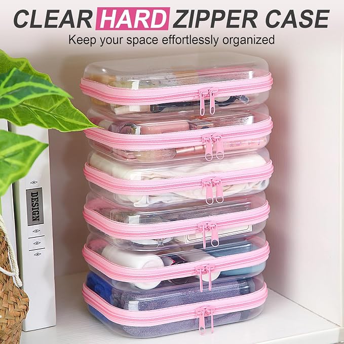 Sanwuta 6 Pcs Clear Hard Zipper Case Plastic Zipper Pouches Transparent Makeup Bag Pencil Case Pouches Toiletry Diaper Bag for Travel Toy Storage Organizer Bins(Pink,7.87 x 5.9 x 2 Inch) - Image 5