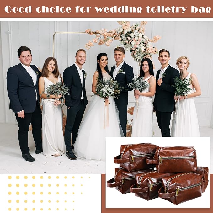 Hillban 6 Pcs Groomsmen Gift Men Travel Toiletry Bag, Bestmen Gifts Set, Leather Toiletry Bag with Side Handle Water Resistant Bathroom Supplies for Wedding Party Favor(Dark Brown) - Image 7