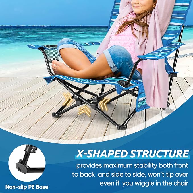 HaSteeL Folding Beach Chair Set of 2, Foldable Striped Camping Chairs for Outside, Low Beach Chair Portable for Adults Fishing, Picnic, Outdoor BBQ, Travel, Sports, Cup Holder & Storage Bag - Image 5