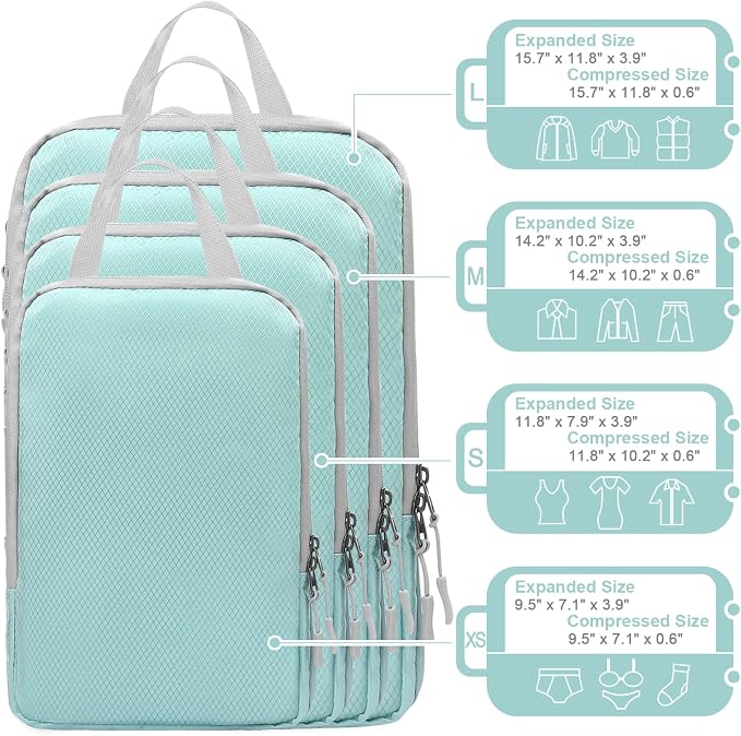 WOOMADA Compression Packing Cubes for Suitcases Travel Essentials 8 Set Expandable Travel Bags Organizer for Luggage(turquoise) - Image 3