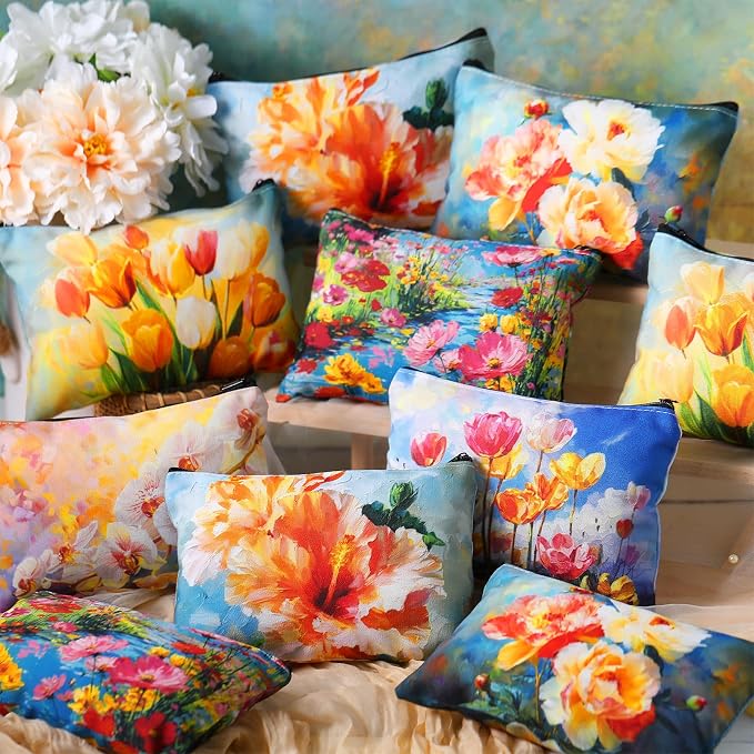 Sweetude 12 Pcs Oil Painting Flowers Makeup Bag Bulk Portable Flower Travel Cosmetic Bags with Zipper Retro Floral Waterproof Roomy Travel Toiletry Organizer Storage Beauty Pouch for Women Gifts - Image 2