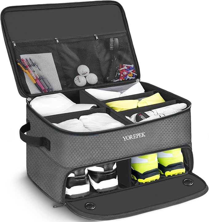 YOREPEK 2 Layer Golf Trunk Organizer, Golf Gifts for Men with Separate Ventilated Compartment for 2 Pair Shoes, Waterproof Car Trunk Locker for Balls, Tees, Clothes, Gloves, Gifts for Golfers by YOREPEK