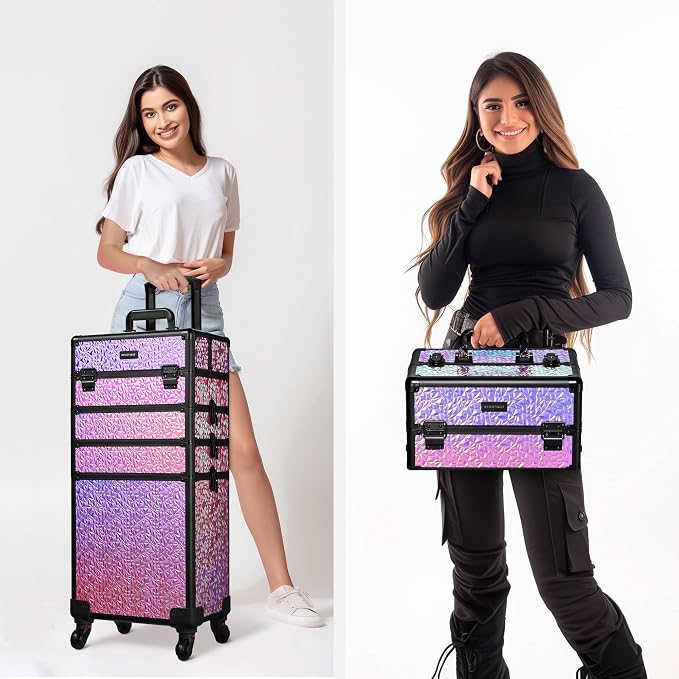 BYOOTIQUE Rolling Makeup Case 4in1 Cosmetology case on wheels Makeup Artist | Aluminum Rolling Makeup Suitcase with 360° Detachable Wheel Lockable 54Lb Large Capacity Organizer Nail Tech Mermaid Pink - Image 7