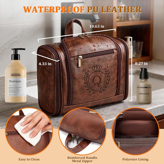 Personalized Easter Gifts for Men Large Leather Travel Toiletry Bag Hanging Shaving Dopp Kit Bathroom Shower Waterproof Case, Birthday Gifts for Father Dad Husband Boyfriend Cognac Letter Q - Image 3