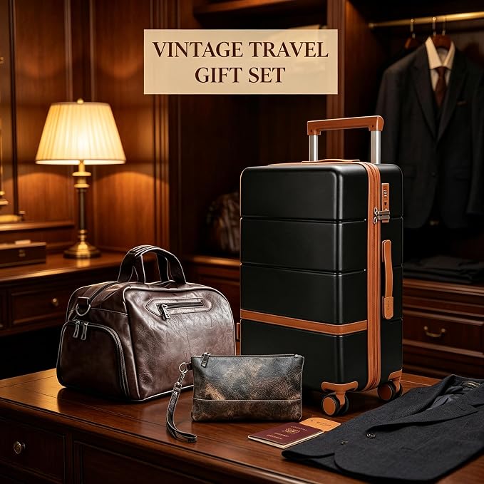 Carry On Luggage Set 3 Piece, 20 Inch Hard Shell Suitcase with Spinner Wheels Vintage PU Leather Weekender Duffel Bag TSA Lock Travel Luggage Combo for Men Women (Black) - Image 7