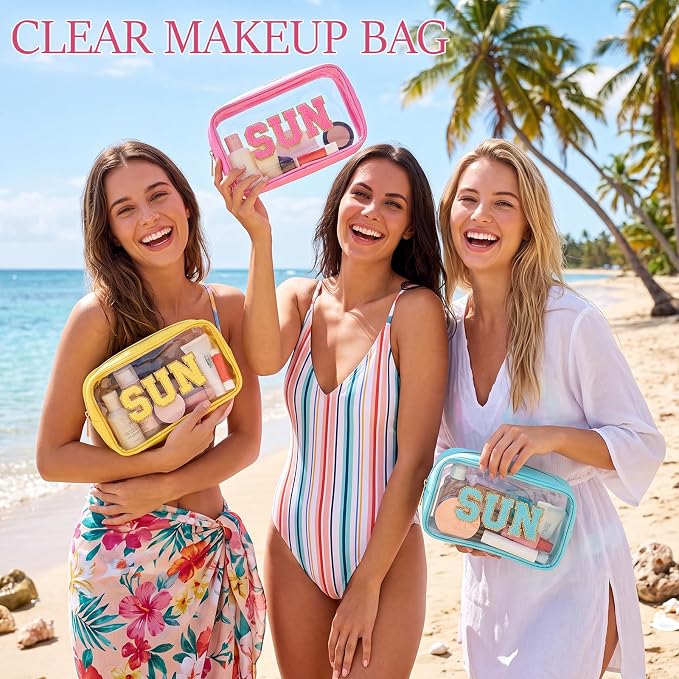 Kacctyen 10 Pcs Sun Clear Makeup Bags with Zipper in 5 Assorted Colors, Chenille Letter Sunscreen Bags Bulk, Clear Waterproof Cosmetic Bag for Women Beach Pool Trip & Summer Birthday Party Favors - Image 7