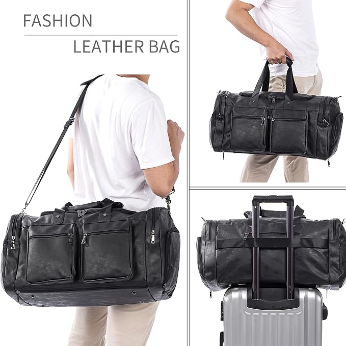 Travel Bag with Shoe Pouch,Weekender Overnight Bag Leather Large Carry On Bag - Image 6