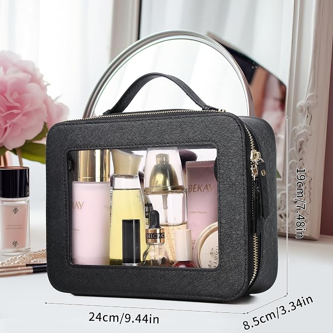 Pinkmik Clear Makeup Bag for Women Waterproof Travel Cosmetics and Toiletries Case Portable Makeup Oaganizer Bag Clear Car Bag with Zipper (Black, L) - Image 3