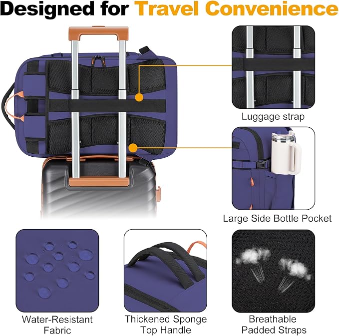 40L Travel Backpack 17.3" Laptop Carry On Duffel Flight Approved | TSA Approved, Wet & Dry Compartment, Water Resistant, Anti-Theft Pocket, Luggage Strap, USB Charging Port - Image 4