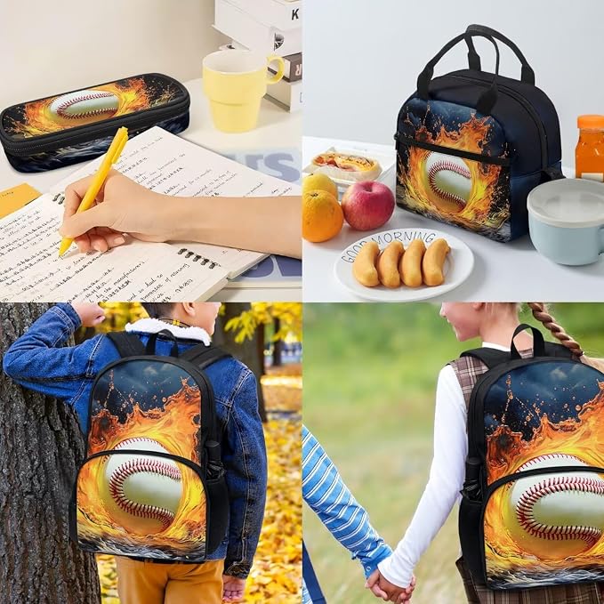 Baseball Fire Water Blue Travel School Bag Set of 4, 17 Inch Laptop Bookbag School Bag Daypack Insulated Lunch Bag Shoulder Crossbody Handbags Pen Carrying Case for Little Girls Boys - Image 4
