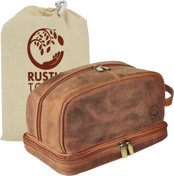 RUSTIC TOWN Leather Toiletry Bag - Waterproof Ditty Kit for Men and Women, Travel Organizer for Full-Size Essentials, TSA Approved by RusticTown