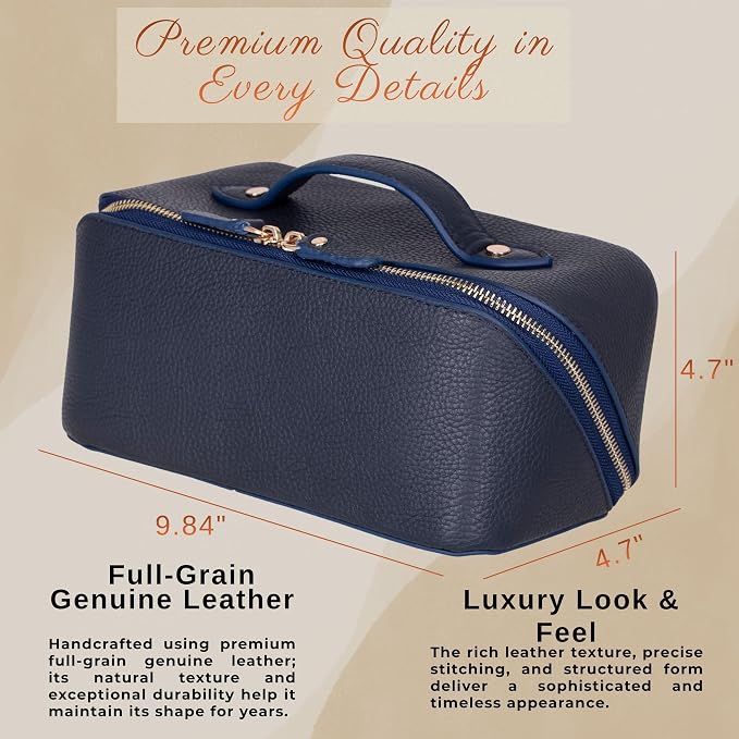 VENOULT Makeup Bag, Spacious Cosmetic Case for Women, Portable 180° Wide-Open Flat Cosmetic Bag, Travel Toiletry Organizer with Handle, Hanmdade, Full Grain Genuine Turkish Leather (Regal) - Image 3