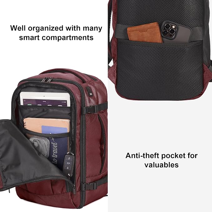 ECOHUB Travel Backpack 18x14x8 Spirit Airlines Personal Item Bag Carry On Backpack 13 Pockets Large Work Casual Daypack for men Airline Approved Waterproof Gym Backpack with Charging Port, Red - Image 5