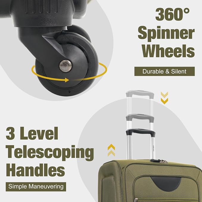 Merax Softside Luggage Set 3 Piece Suitcase with Duffel Bag Spinner Wheels | Lightweight Expandable Travel Luggage 22" 26" 30",Army Green - Image 5