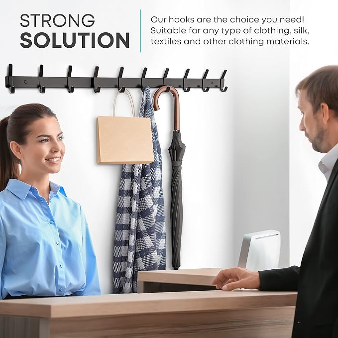 Coat Rack Wall Mount – 30 Inch Stainless Steel Hook Rail with 10 Double Coat Hooks for Hanging – Wall Mounted Entryway Organizer for Coats, Hats, Bags, Towels, Robes, Bedroom or Bathroom - Black - Image 7