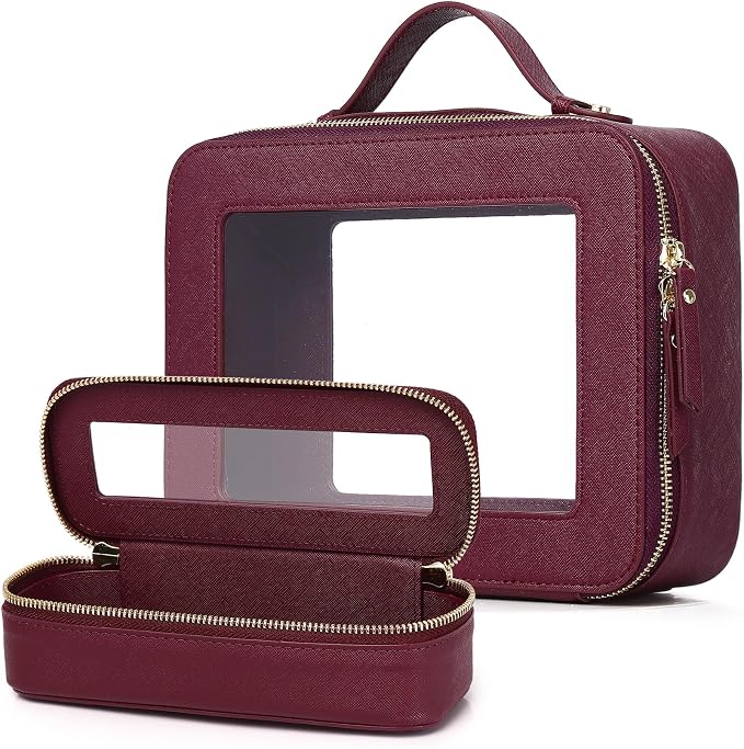 Clear Travel Makeup Bag, Burgundy, L+Slim | With Brush Bag, Transparent, Waterproof, With Zipper by LOFOWN