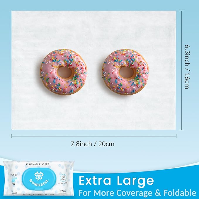 WONDERFUL Flushable Wipes, Unscented 100% Plant-Based Wet Butt Wipe for Adults & Kids, Sewer Septic Safe, Gentle for Sensitive Skin, Wipes Flushable Pack for Bathroom & Travel, 6-Pack (360 Counts)