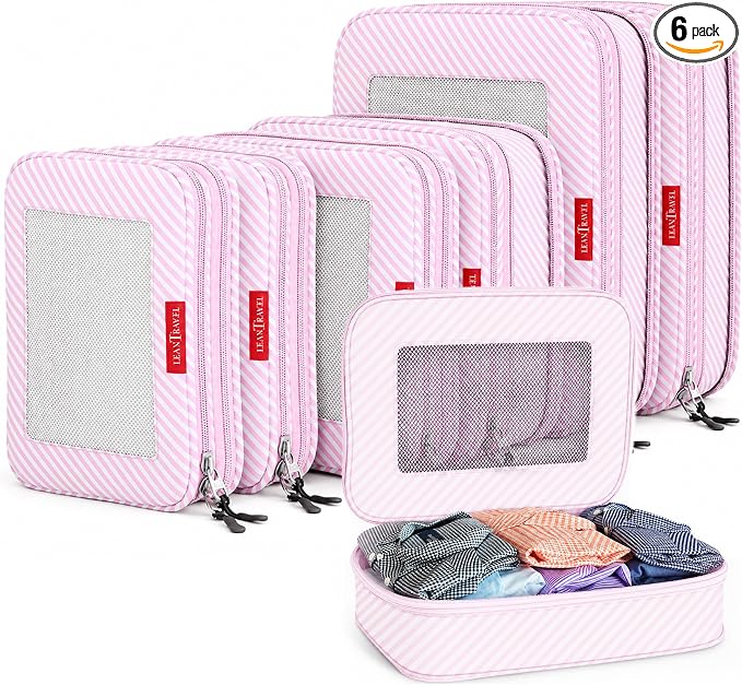 LeanTravel Premium Compression Packing Cubes for Travel - Suitcase Organizer Bags with Double Zipper & Breathable Mesh Panel - Space Saving Carry On Luggage Essentials (6-Pack, Pink Stripes) by LeanTravel