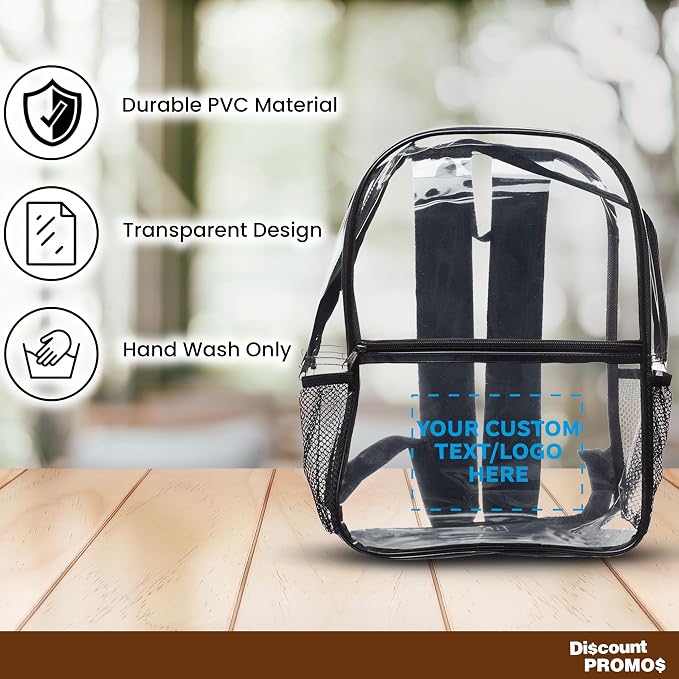 DISCOUNT PROMOS Custom Clear PVC Plastic Backpacks Set of 6/12/24, Personalized Bulk Pack - Water Resistant, Perfect for Travel, Outdoor - Clear Black - Image 2