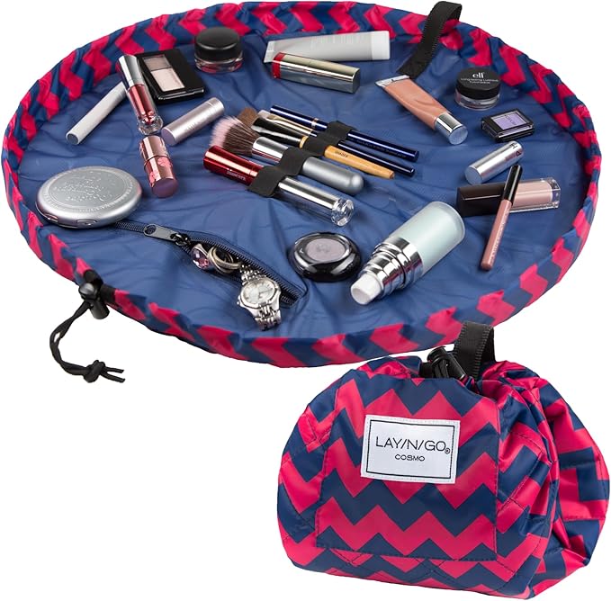 Lay-n-Go Cosmo Drawstring Cosmetic & Makeup Bag Organizer - Portable Drawstring Makeup Bag w/Zipper Pocket, Makeup Loops & More - Durable, Machine Washable Toiletry Bag (20", Pink Chevron) by Lay-n-Go
