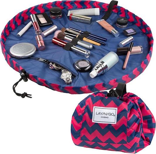 Lay-n-Go Cosmo Drawstring Cosmetic & Makeup Bag Organizer - Portable Drawstring Makeup Bag w/Zipper Pocket, Makeup Loops & More - Durable, Machine Washable Toiletry Bag (20", Pink Chevron) by Lay-n-Go