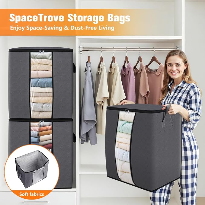 SpaceTrove Clothes Storage Bags, 10-Pack Comforter Blanket Organizers, 80L Large Capacity Containers with Visual Window for Clothing, Quilt, Sheet, Pillow, Closet Organization for Bedding (Grey) - Image 6