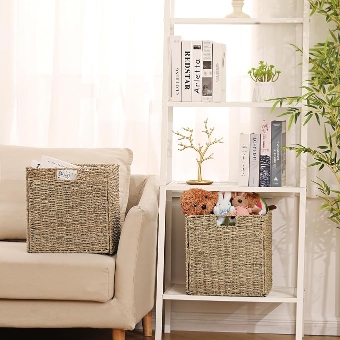 Vagusicc Wicker Storage Basket, Set of 2 Seagrass Storage Baskets, 13 Inch Foldable Wicker Basket Square Cube Storage Bins Storage Baskets for Organizing Shelf Baskets, 13''x13''x13'' - Image 5