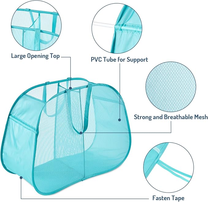 Seiritex Mesh Popup Laundry Hamper 2 Compartment, Collapsible Laundry Sorter Basket Foldable Hamper for Clothes, College Dorm, Travel (Turquoise Blue) - Image 2