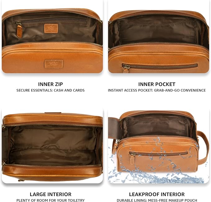 Premium Leather King Size Toiletry Travel Pouch – Handcrafted Dopp Kit Bag with Waterproof Lining, Spacious Design for Travel Essentials, Elegant Tan Finish - Image 3