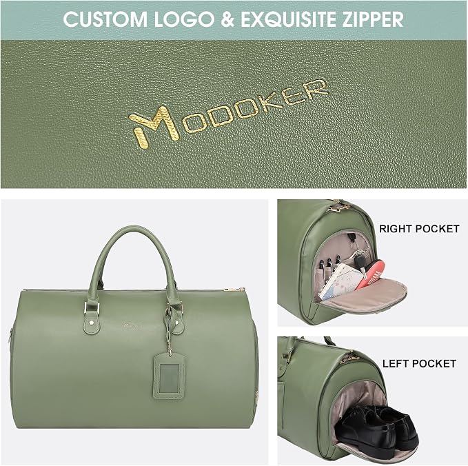 Modoker Women Convertible Leather Garment Bag with Shoulder Strap, PU Leather Garment Duffel Bag Carry on 2 in 1 Hanging Suitcase Suit Travel Bags, Green - Image 4