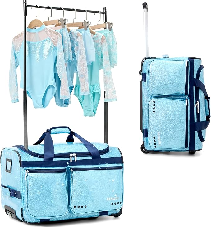 Fanwoli 23" Dance Bag with Garment Rack | Glittering Waterproof Fabric | Shine-Bright Collection | Ideal Competition Rolling Duffle Bag for Dancer Cheerleader Little Princess | Sparkle Blue by Fanwoli