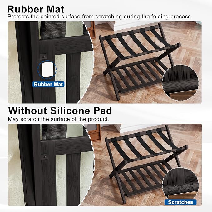 Smuxee Fully Assembled Luggage Rack for Guest Room, Upgraded Bamboo Foldable Suitcase Stand with 5 Nylon Straps, Luggage Holder with Shelf for Bedroom Hotel - Image 4