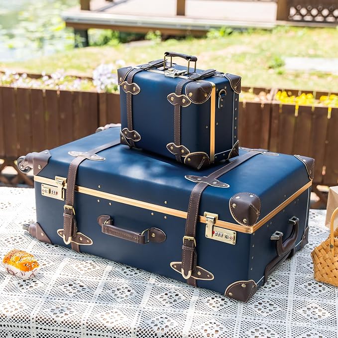 urecity 26" Vintage Luggage Set, 2 Piece Navy Blue Retro Checked Suitcase with Cosmetic Case, Luxury Vegan Leather Aluminum Frame Spinner Trunk for Women (with Protective Clear Cover) - Image 4