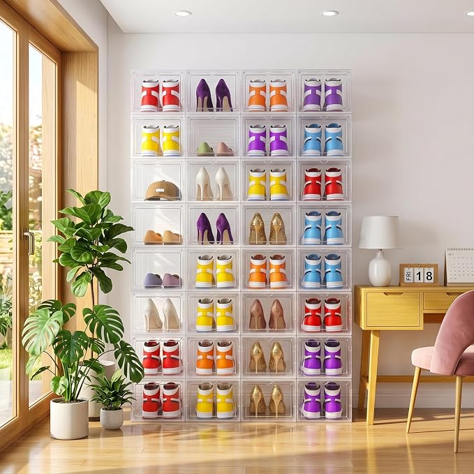 Large Clear Shoe Storage Boxes Stackable, 12 Pack Hard Plastic Shoe Storage Organizer with Magnetic Door, Shoe Container Sneaker Storage Display Case Fit up to US Size 12 Clear - Image 5