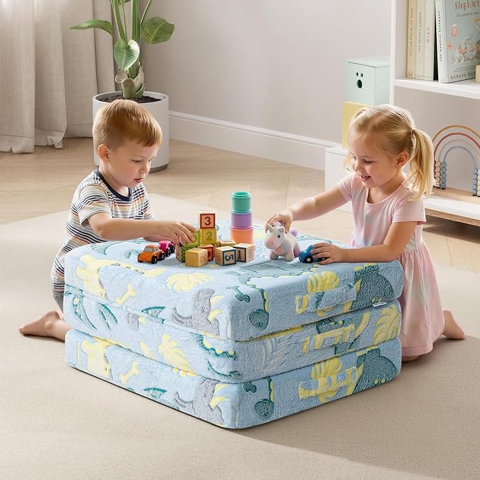 MeMoreCool Glow Dinosaur Kids Foldable Floor Mattress, 63x26 Inch Blue | Glow dinosaur trifold mattress for kids room, playroom and travel, 63x26 in - Image 5