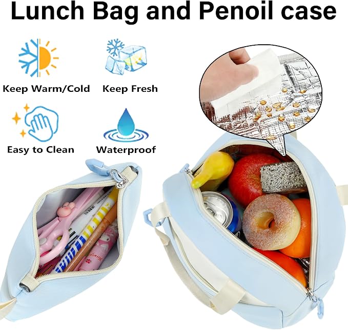 School Backpack for Girls, 3PCS Laptop Backpack 15.6 Inch with Lunch Box Pencil Pouch Set for Kids Teens Elementary Middle High School College Bookbag Student Casual Travel Daypack,Blue Beige - Image 5