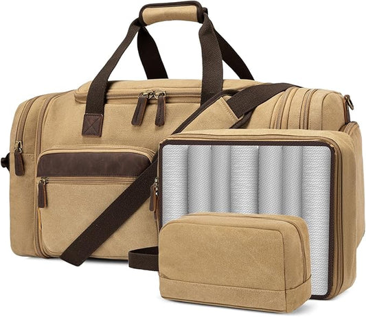 Mens Duffle Bag for Travel 60L Expandable Canvas Weekender Overnight Travel Duffel Bag with Shoe Compartment Carry-On for Airplanes Khaki by PPOBOW