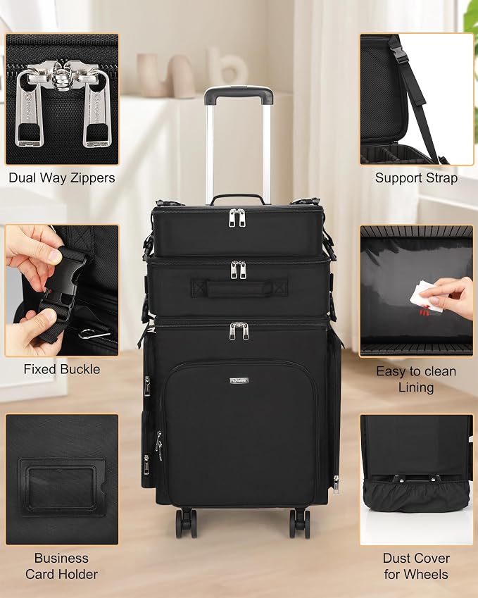 Relavel Rolling Makeup Case, 3 in 1 Hairstylist Traveling Bag Cosmetology Case on Wheels Large Hair Tools Cosmetics Train Case Makeup Artist Storage Organizer Trolley Suitcase with 360° Swivel Wheels - Image 8