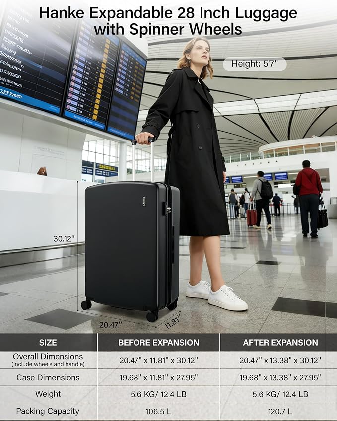 Hanke Expandable 28 Inch Luggage with Spinner Wheels, Hard Shell Large Suitcases with Wheels Checked Luggage for Travel, Rolling Suitcase for Woman & Men with TSA Lock(Jet Black) - Image 2